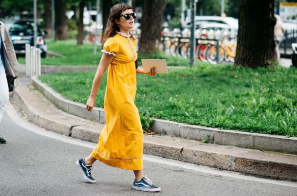 yellow dress with sneakers
